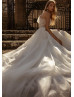 One Shoulder Ivory Floral Tulle Princess Wedding Dress